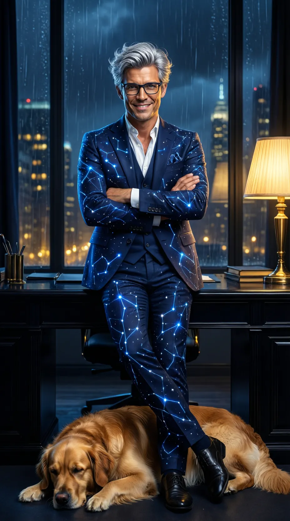Conrad Brain leaning against his desk, arms folded, a golden retriever asleep at his feet, rain and city lights behind him.