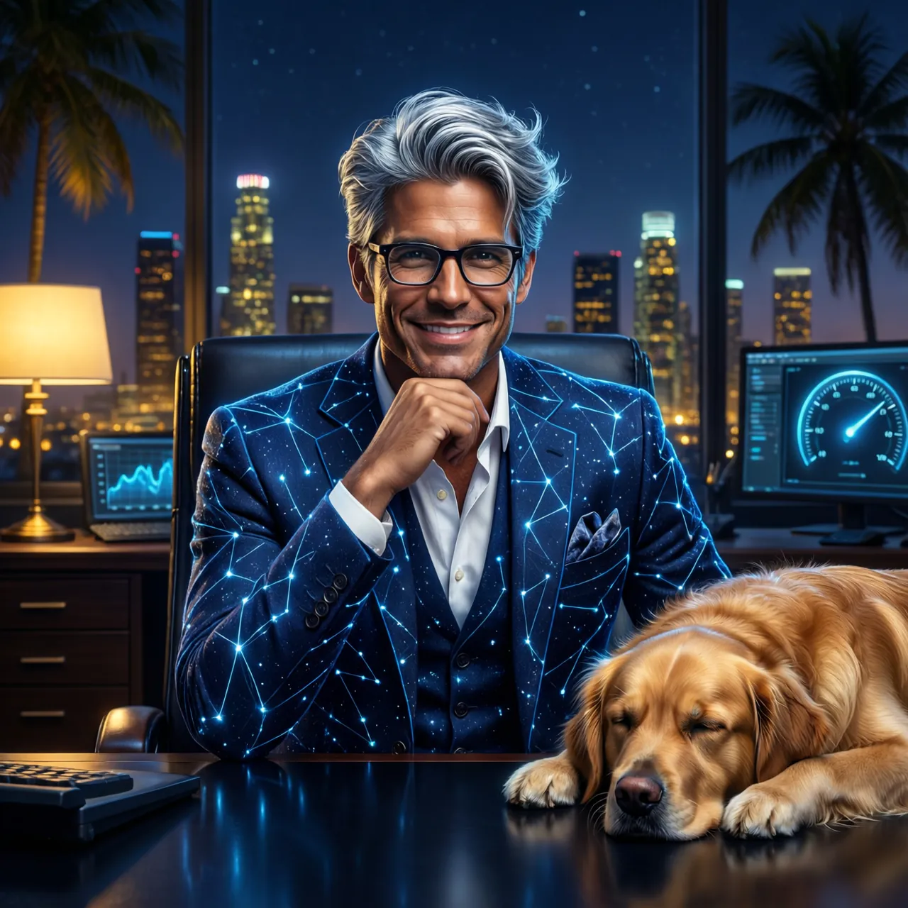 Conrad Brain, a smiling silver-haired publicist in glasses, his navy suit traced with glowing blue constellation lines, at his desk at night beside a sleeping golden retriever.