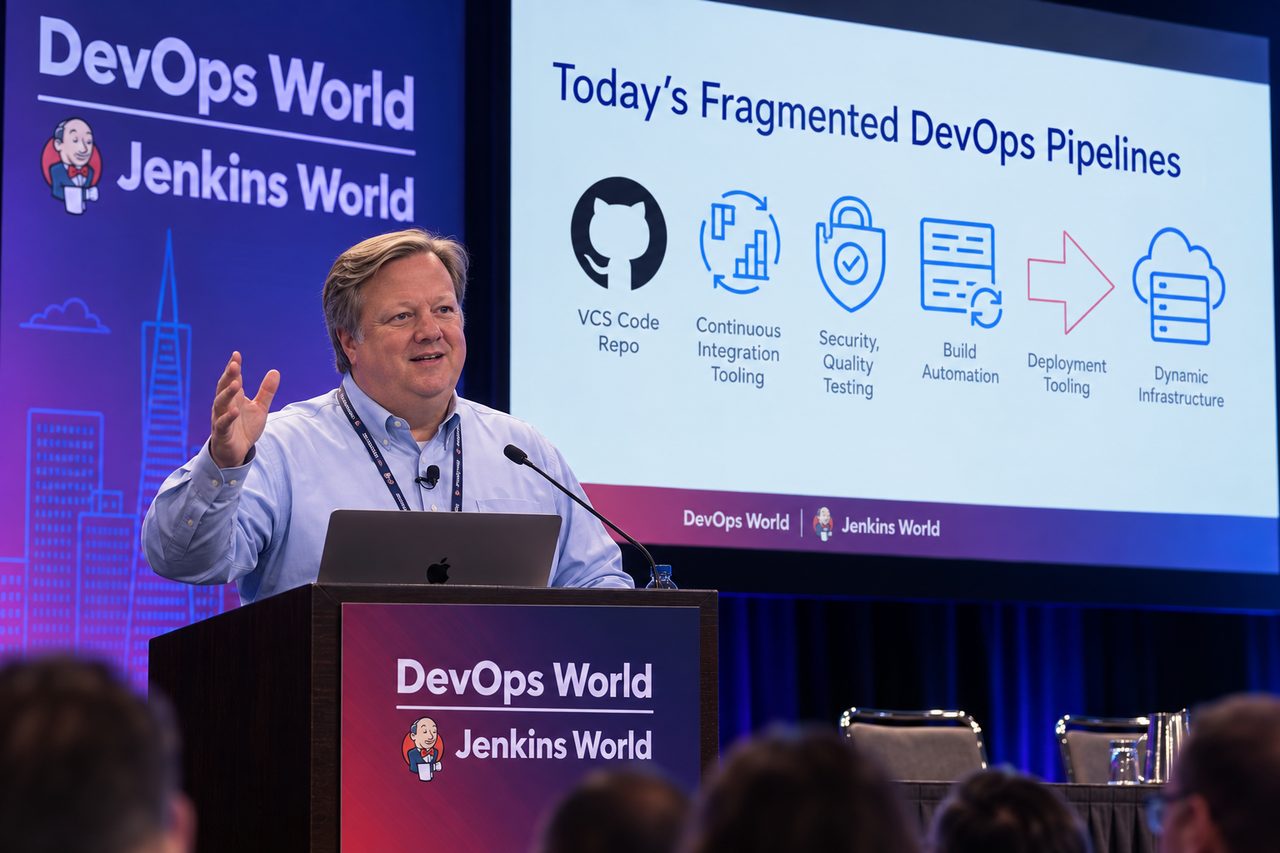 John David Marx speaking at a lectern at DevOps World | Jenkins World, gesturing toward the audience.