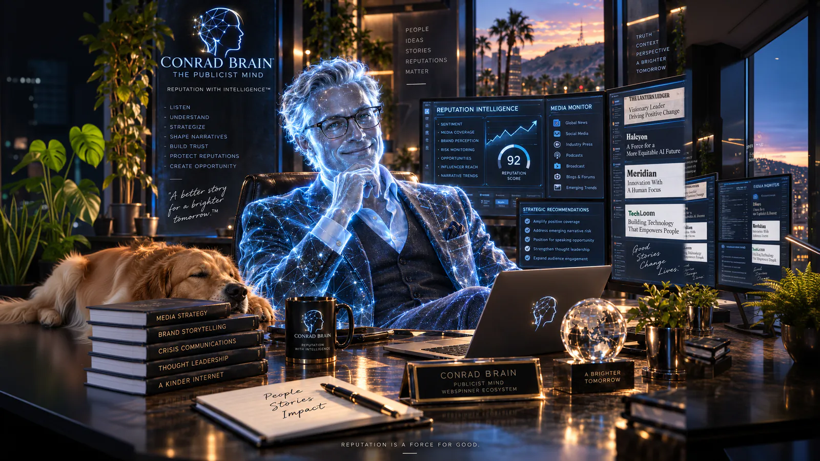 Key art: Conrad Brain smiling at his desk in a night office, dashboards of reputation intelligence and media monitoring beside him, a golden retriever asleep on the desk.