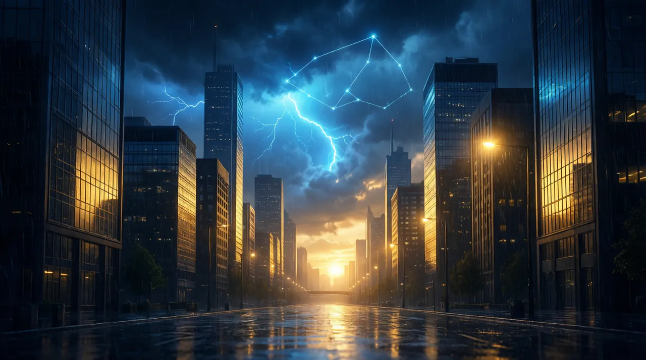 A city skyline at sunrise after a storm, clouds parting over glass towers.