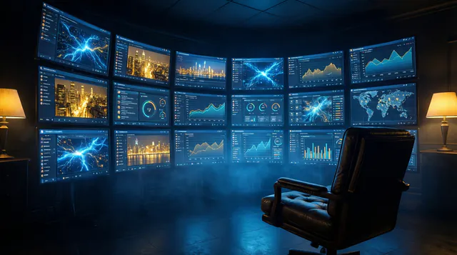 A dark monitoring room with a curved wall of glowing screens.
