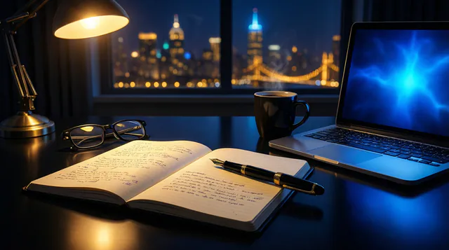 A hand-edited draft statement beside a fountain pen, glasses and a glowing laptop.
