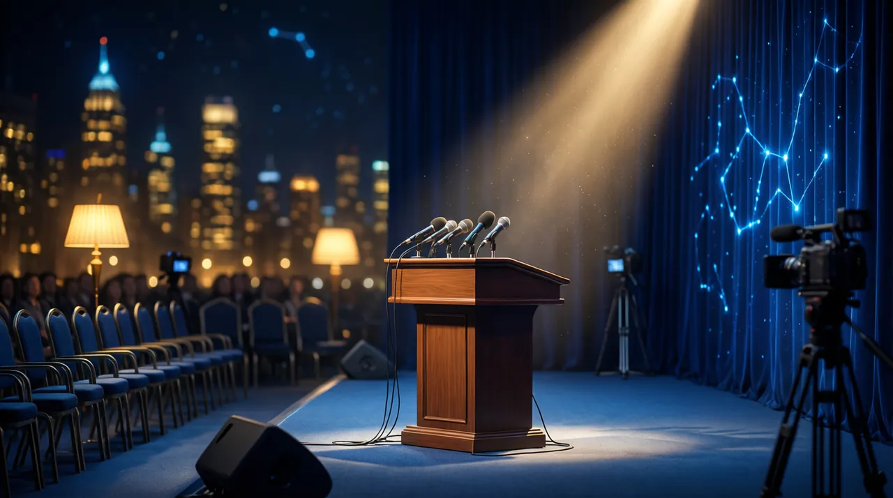 An empty press podium crowded with microphones under a single warm spotlight.