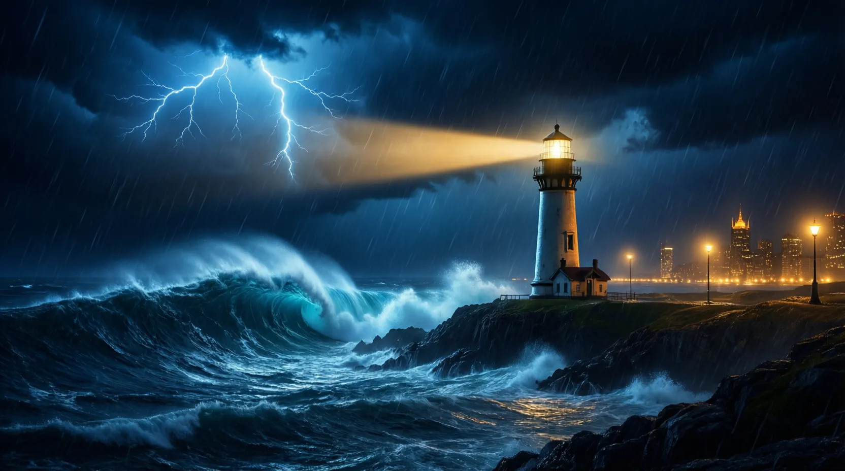 A lighthouse shining a steady beam through a night storm, gold light breaking on the horizon.